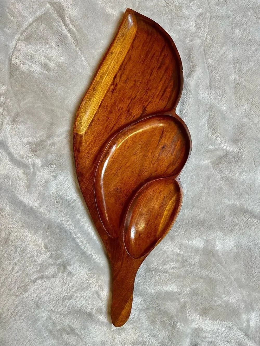 Vtg Mid Century Wood Leaf Divided Serving Platter 3 Section Tray Handle 20